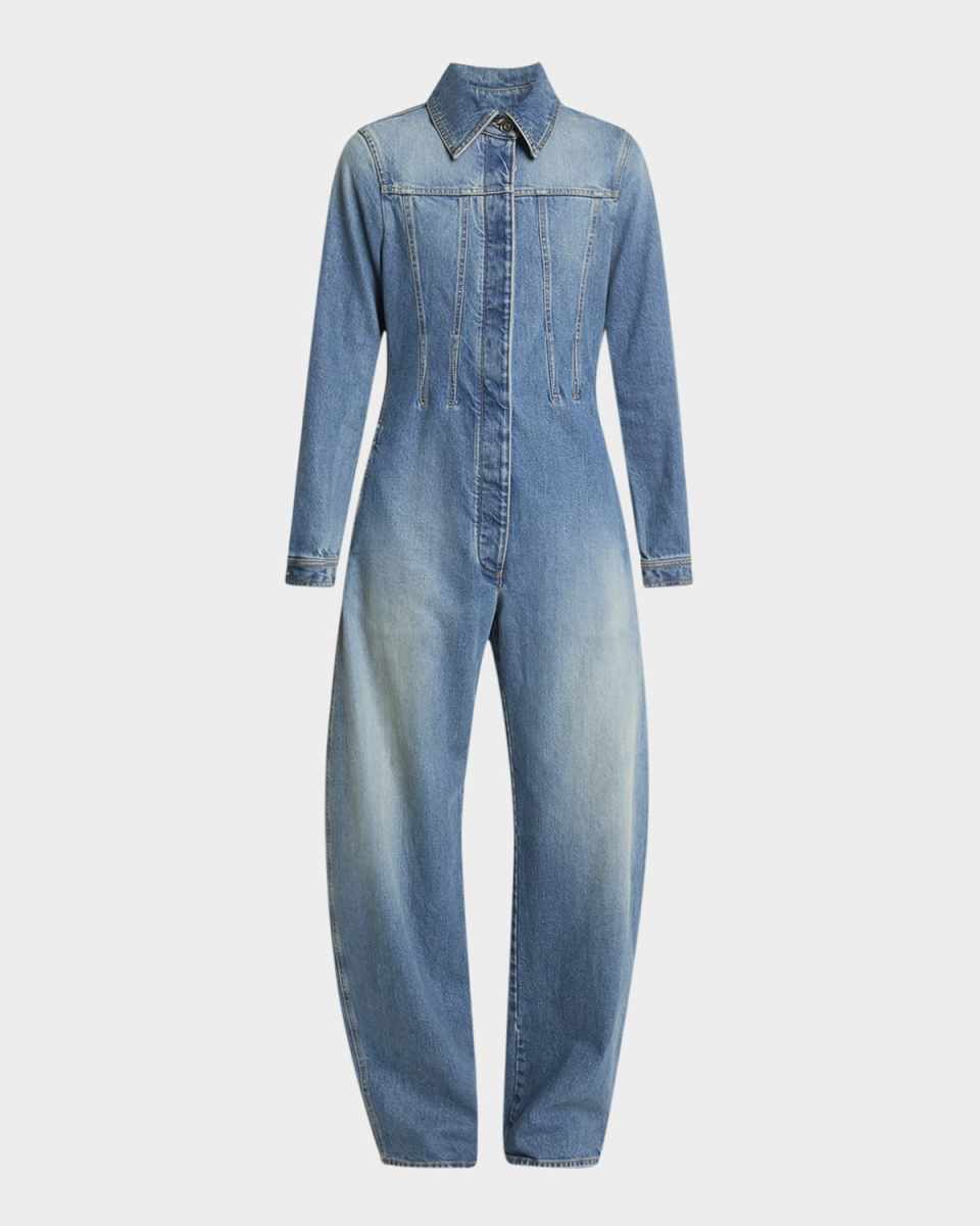 Long-Sleeve Barrel Wide-Leg Denim Jumpsuit